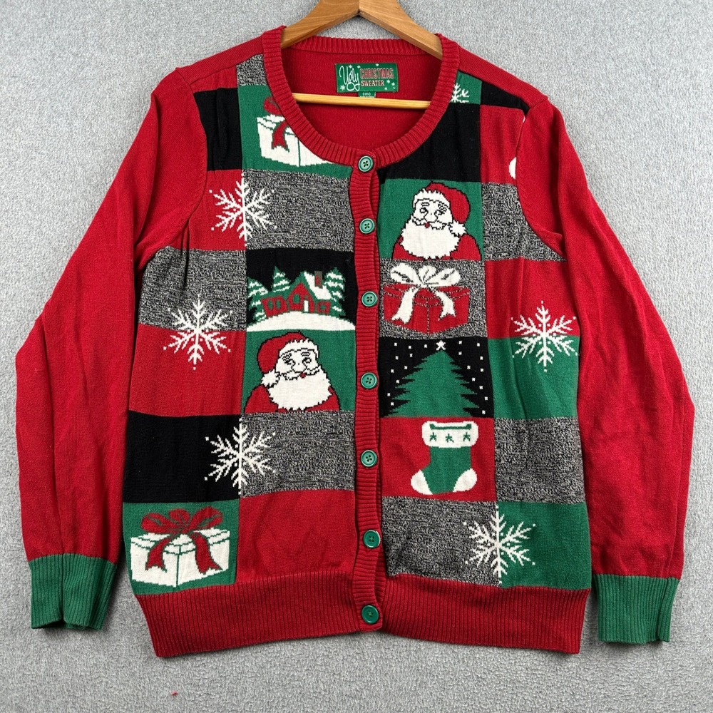 Ugly Christmas Sweater Cardigan Womens M SWP7-3250CAMZ Red Button Front Graphic